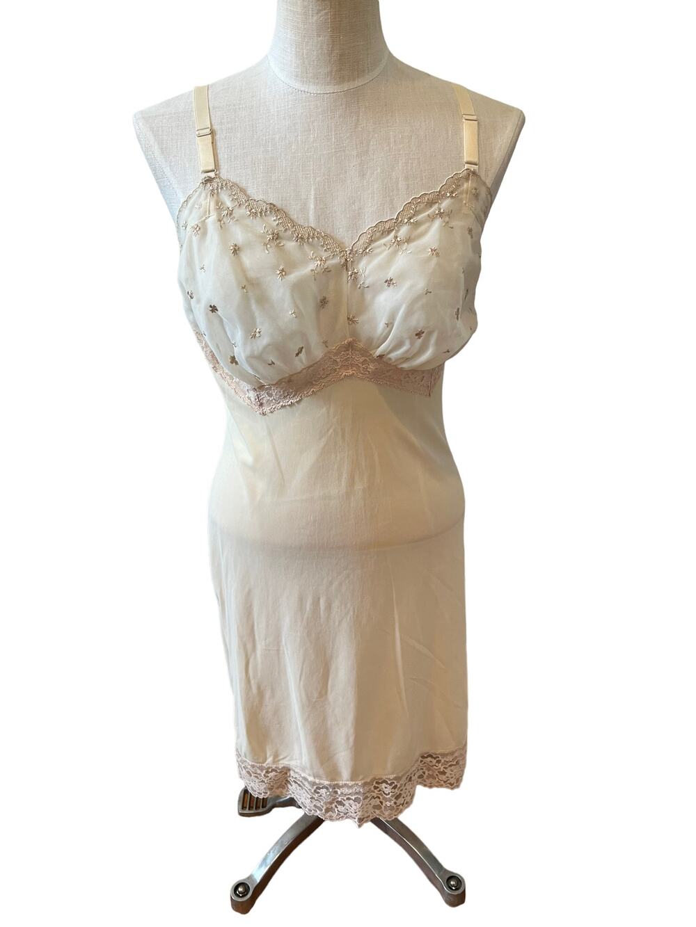 Vintage 60s Beige Bombshell Full Slip Sheer Lace Trim